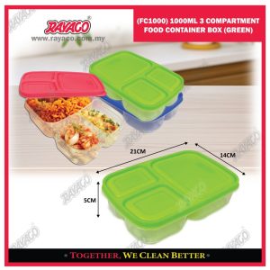 (FC1000) KOTAK MAKANAN 3 KOMPARTEMEN 1000ML (HIJAU)