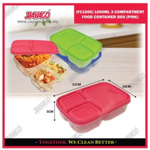 (FC1000) KOTAK MAKANAN 3 KOMPARTEMEN 1000ML (MERAH MUDA)